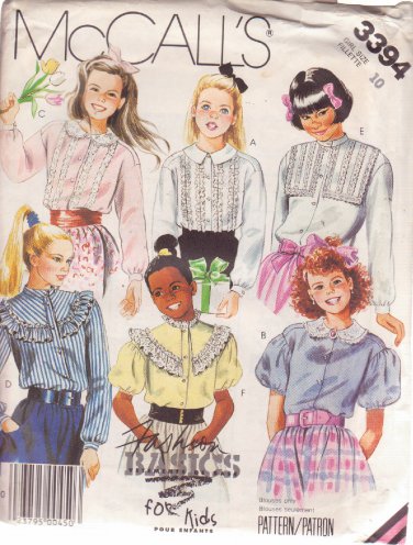 McCALL'S PATTERN 3394 SIZE 10 CHILD'S BLOUSE IN 6 VARIATIONS