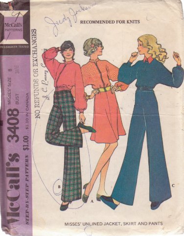 McCALL'S PATTERN 3408 SIZE 8 MISSES' UNLINED JACKET SKIRT PANTS