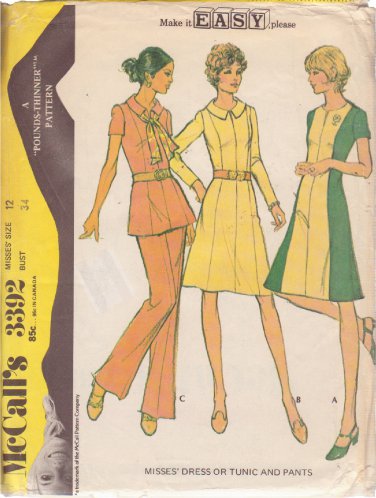 McCALL'S PATTERN 3392 SIZE 12 MISSES' DRESS OR TUNIC AND PANTS