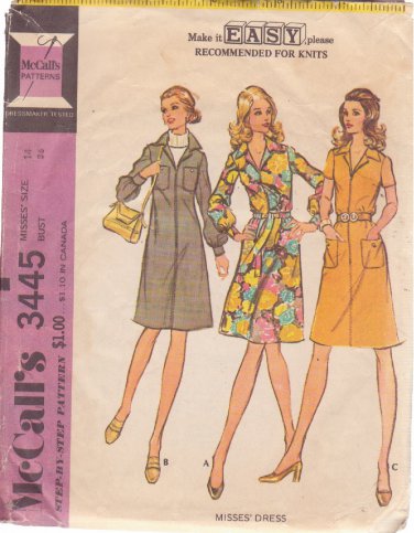 McCALL'S PATTERN 3445 SIZE 14 MISSES' DRESS IN 3 VARIATIONS