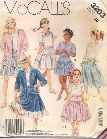 McCALL'S PATTERN 3203 SZ 12 GIRLS' SHIRT JCKT SHIRT TOP SKIRT PETTICOAT
