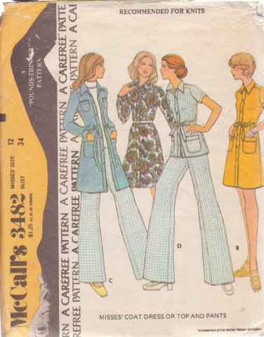 McCALL'S PATTERN 3482 SIZE 12 MISSES' COAT DRESS, TOP, PANTS