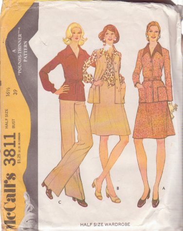 McCALL'S PATTERN 3811 SIZE 16 1/2 MISSES' JACKET, SKIRT, PANTS, BLOUSE, VEST UNCUT