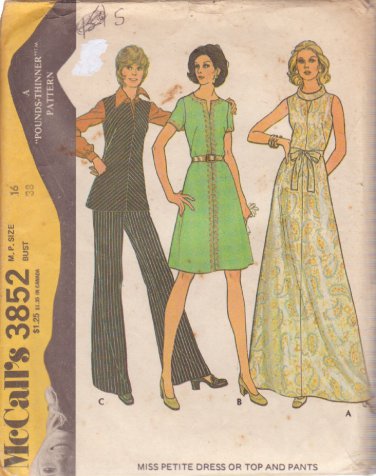 McCALL'S PATTERN 3852 SIZE 16 MISSES' DRESS OR TOP AND PANTS UNCUT