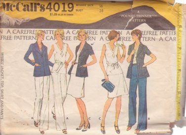 McCALL'S PATTERN 4019, DATED 1974 SIZE 16, MISSES' JACKET, SKIRT, TOP AND PANTS
