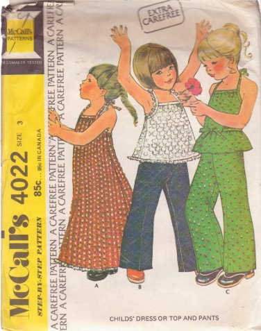 McCALL'S PATTERN 4022 SIZE 3 GIRL'S DRESS OR TOP & PANTS