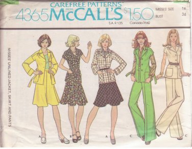 McCALL'S 1974 PATTERN 4365 SIZE 14 MISSES&acirc;�� JACKET, SKIRT AND PANTS