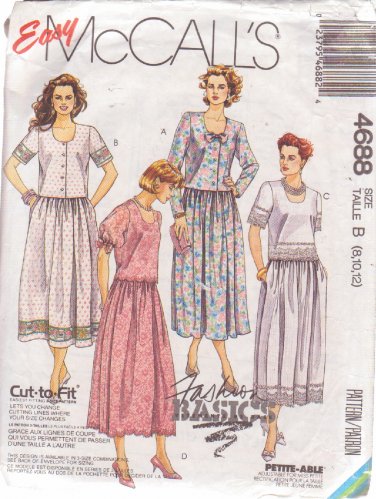 McCALL'S 1990 PATTERN 4688 SIZES 8 & 10 MISSES' TWO PIECE DRESS IN 4 VARIATIONS