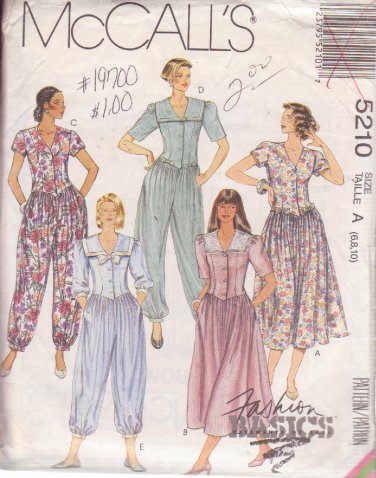 McCALL'S PATTERN 5210 DATED 1991 SZ 6/8/10 MISSES' DRESS & JUMPSUIT
