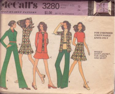 McCALL'S PATTERN 3280 SZ 12 MISSES' SHIRT-JACKET SHIRT TOP SKIRT PANTS
