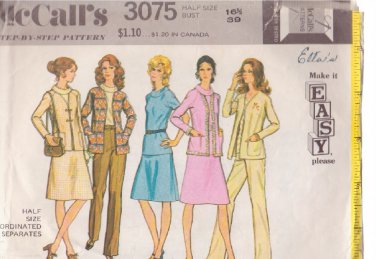 McCALL'S PATTERN 3075 SIZE 16 1/2 MISSES' JACKET PANTS SKIRT TOP
