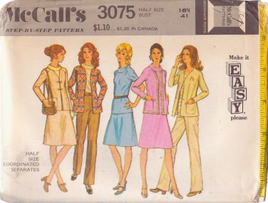 McCALL'S PATTERN 3075 SIZE 18 1/2 MISSES' JACKET PANTS SKIRT TOP UNCUT
