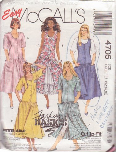 McCALL'S 1990 PATTERN 4705 SIZES 12/14 MISSES' JUMPER, DRESS IN 4 VARIATIONS
