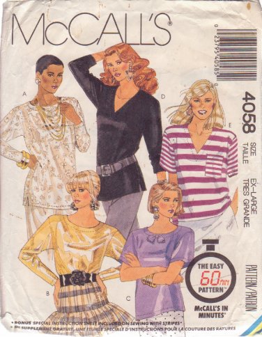McCALL'S PATTERN 4058 SIZE XLARGE 22-24 MISSES' TOPS IN 5 VARIATIONS