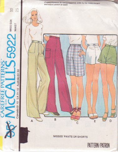 McCALL'S PATTERN 5922 SIZE 10 MISSES' PANTS OR SHORTS IN 5 VARIATIONS UNCUT