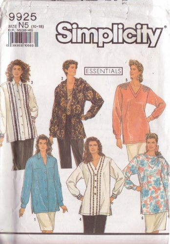 SIMPLICITY PATTERN 9925 SZS 10-18 MISSES' TUNICS WITH 6 TRIM VARIATIONS UNCUT