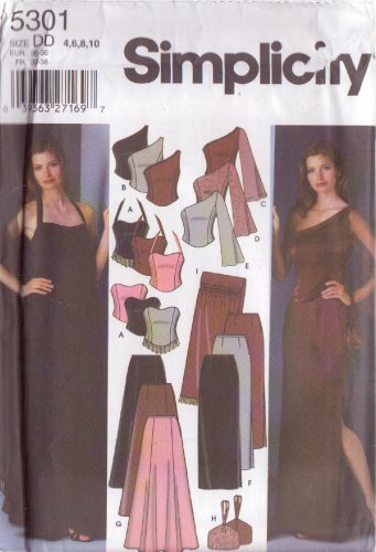 SIMPLICITY PATTERN 5301 SZS 4-10 MISSES' EVENING TOPS, SLIM & FLARED SKIRT, SHAWL,PURSE