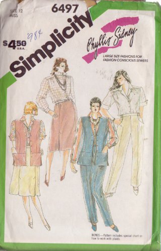 SIMPLICITY 1984 VINTAGE PATTERN 6497 SZ 12 PANTS, SKIRT, SHIRT, LINED VEST UNCUT