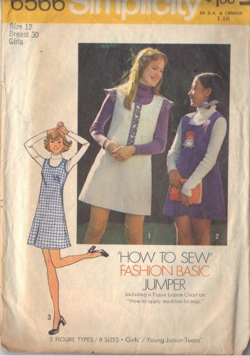 SIMPLICITY 6566 SZ 12 GIRL'S BASIC JUMPER PATTERN DATED 1974