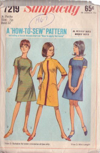 SIMPLICITY VINTAGE 1967 PATTERN 7219 SIZE 10 MISSES' DRESS 3 LOOKS FF