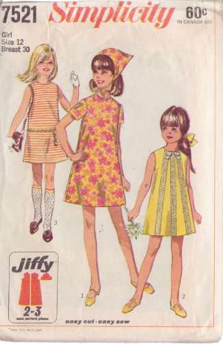 SIMPLICITY 7521 SZ 14 PATTERN CHILD'S JIFFY DRESS IN 2 VARIATIONS AND SCARF