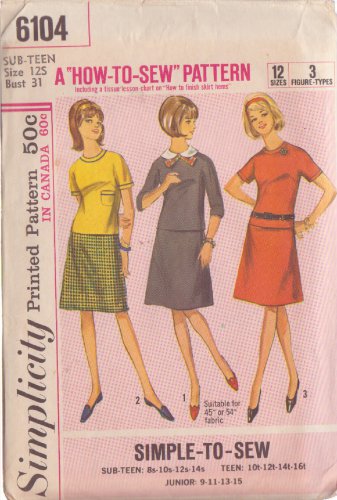 SIMPLICITY PATTERN 6104 SIZE 12S DATED 1963 MISSES' 2 PC DRESS DETACHABLE Collar
