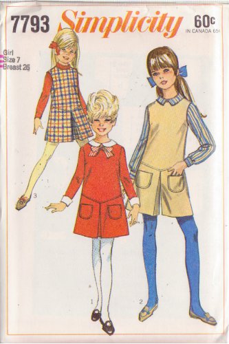 SIMPLICITY VINTAGE 1968 PATTERN 7793 SIZE 7 GIRLS' DRESS,JUMPER, PANTJUMPER