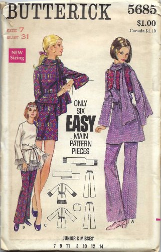 BUTTERICK PATTERN 5685 SIZE 7 JUNIOR DRESS OR TUNIC, PANTS, VEST SCARF UNCUT