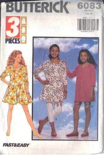 BUTTERICK PATTERN 6083 SZ 7-8-10 DATED 1992, GIRL'S DRESS, TOP, SHORTS, PANTS