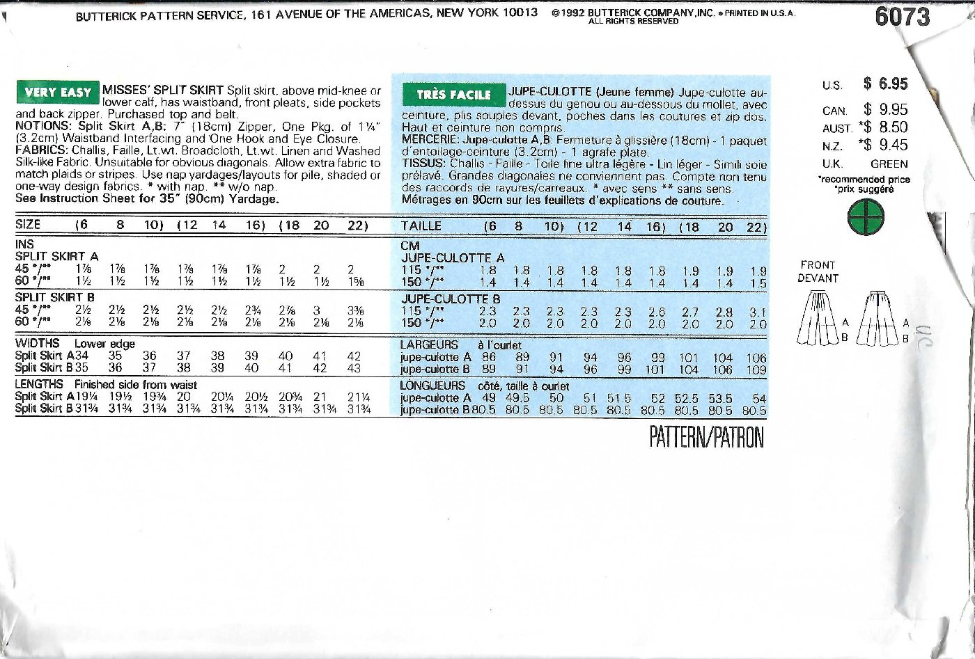 BUTTERICK PATTERN 6073 SIZES 6/8/10 MISSES SPLIT SKIRT IN 2 LENGTHS UNCUT