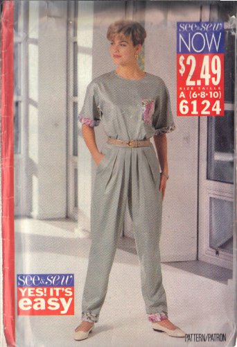 BUTTERICK PATTERN 6124 SIZES 6-8-10 DATED 1988, MISSES' PULLOVER TOP & PANTS UNCUT