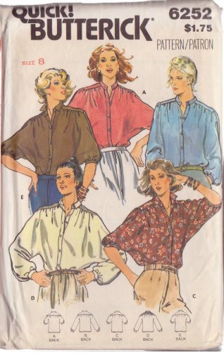 BUTTERICK PATTERN 6252 SIZE 8 MISSES' BLOUSE IN 5 VARIATIONS