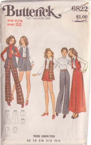 BUTTERICK PATTERN 6822 SIZE 11/12 JUNIOR-TEEN SKIRT, PANTS, SHORTS, VEST