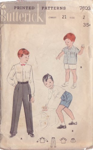 BUTTERICK VINTAGE PATTERN 7603 SZ 2 BOYS' ELASTIC SIDES SLACKS SHORTS SHIRT.