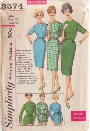 SIMPLICITY VTG PATTERN 3574 SZ 14 MISSES' 1 PIECE DRESS IN PROPORTIONED SIZES