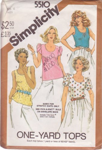 SIMPLICITY 5510 SIZE 10 VINTAGE PATTERN MISSES' ONE YARD TOPS 4 VARIATIONS