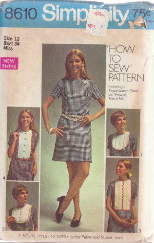 SIMPLICITY PATTERN 8610 SZ 12 MISSES DRESS WITH DETACHABLE BIBS