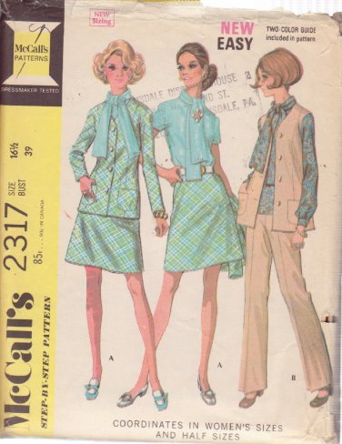 McCALL'S PATTERN 2317 SIZE 16 1/2 MISSES' BLOUSE, SKIRT, JACKET, VEST AND PANTS