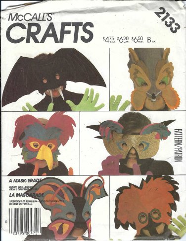 McCALL'S PATTERN 2133 MAKE A MASK BAT CHIPMONK PARROT BUTTERFLY WOODPECKER