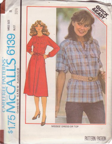 McCALL'S PATTERN 6139 SIZE 8 MISSES' DRESS OR TOP UNCUT