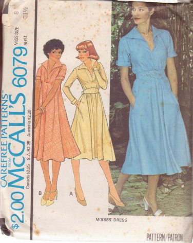 McCALL'S PATTERN 6079 SIZE 8 MISSES' DRESS IN 2 VARIATIONS UNCUT
