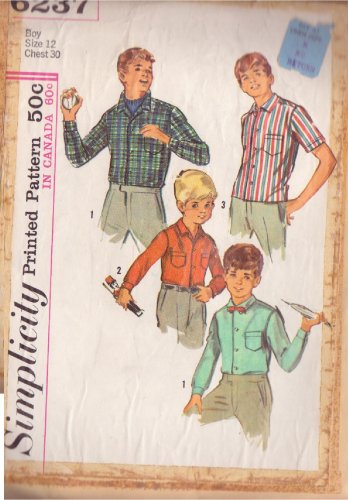 SIMPLICITY VINTAGE 1965 PATTERN 6237 SIZE 12 BOY'S SHIRT 4 VARIATIONS
