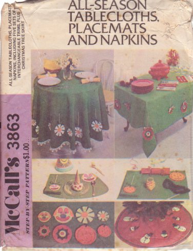 McCALL'S PATTERN 3863 TABLECLOTHS, PLACEMATS, NAPKINS, CHRISTMAS TREE SKIRT