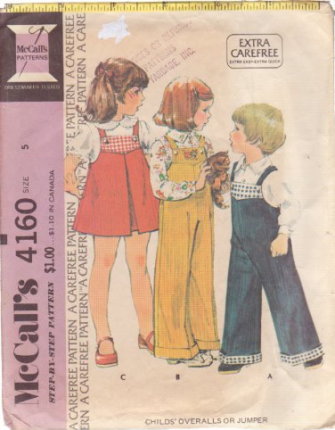 McCALL'S PATTERN 4160 SIZE 5 CHILD'S OVERALLS OR JUMPER