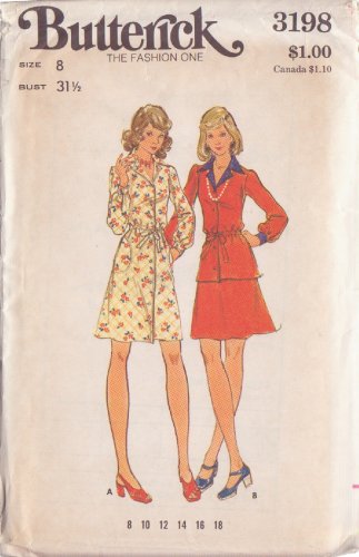BUTTERICK VINTAGE PATTERN 3198  SIZE 8 MISSES' DRESS TOP SKIRT UNCUT