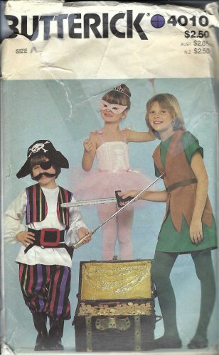 BUTTERICK PATTERN 4010 A SIZE 1/2 1-2 3-4 TOD COSTUMES PETER PAN FAIRY PIRATE