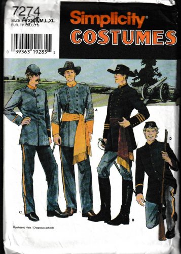 SIMPLICITY PATTERN 7274 SZ XS & SM MEN'S & TEEN BOYS CIVIL WAR COSTUMES