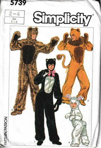 SIMPLICITY 5739 SZ 2/4 CHILDS' LION, BEAR, CAT AND BUNNY COSTUMES.