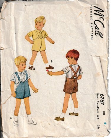 McCALL'S PATTERN 6767 SZ 6 BOY's 1947 SHORTS, SUSPENDERS, BLOUSE