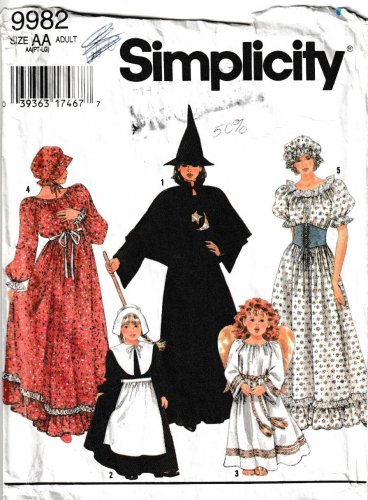 SIMPLICITY 9809 SZ PT,SM,MD,LG  MISSES' COLONIAL, PURITAN, WITCH, ANGEL COSTUMES.
